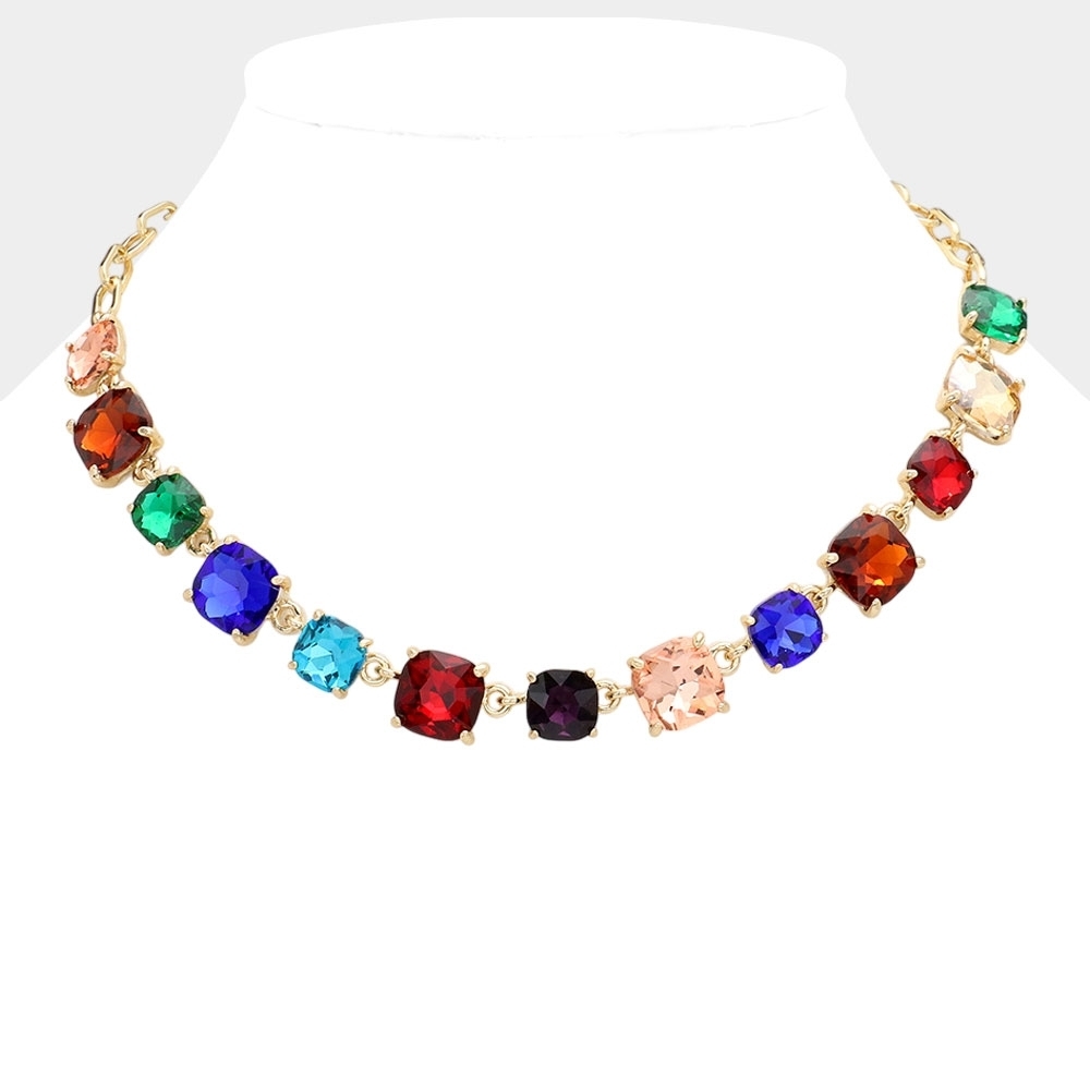 Dark Multicolored Square Stone Link Crystal Necklace Chain Evening